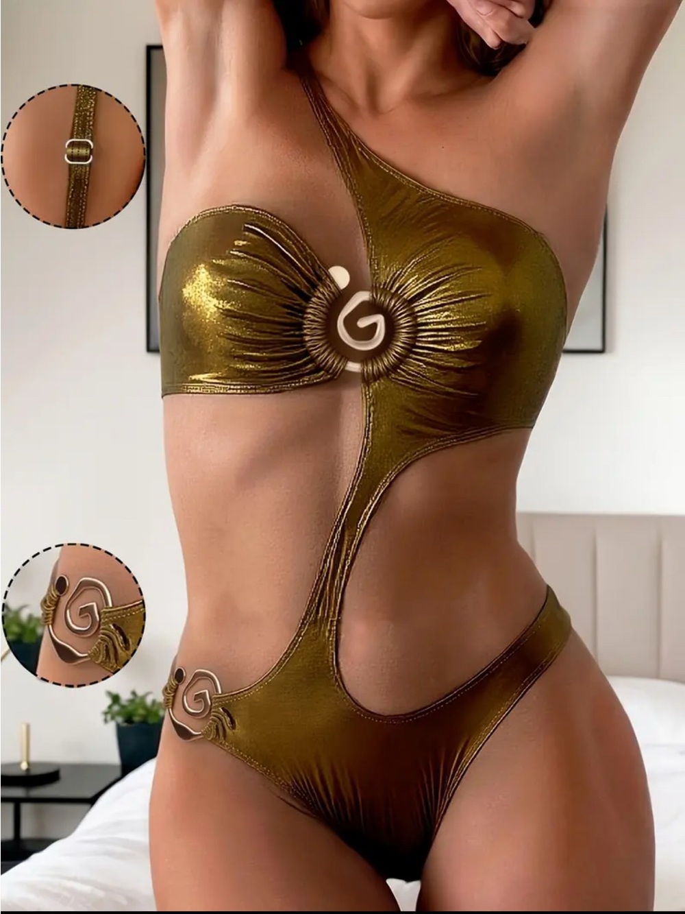 NEW Women’s Metallic Gold One-Shoulder Cutout Monokini One Piece Swimwear Sz XL